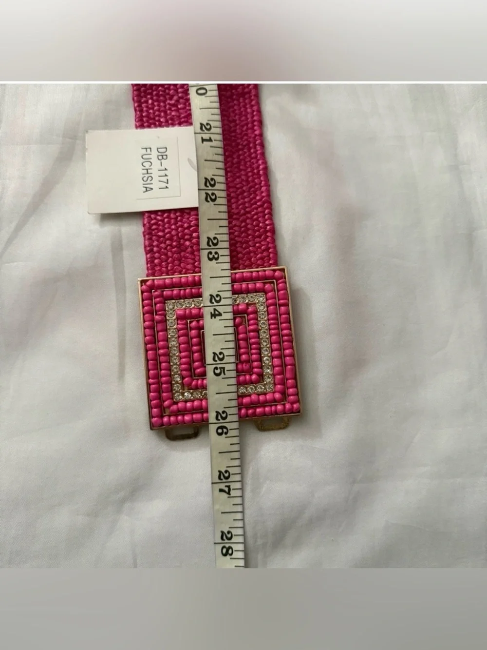 Fuchsia paper waistband stretchy belt with square buckle and rhinestone details